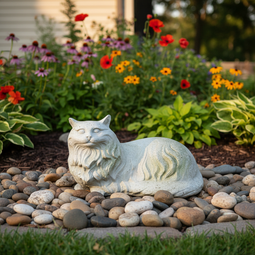 Fluffy Cat Garden Statue (9.5 - Inch) Side Angle