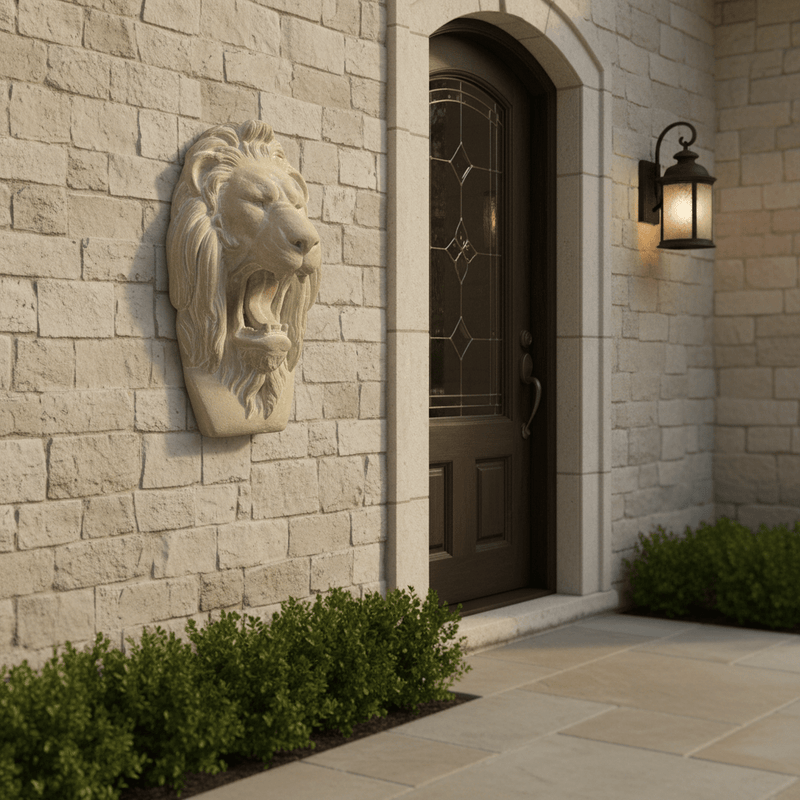 Grotesque Lion Mask Garden Statue (17 - Inch) Side Angle