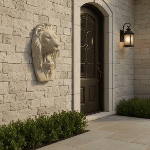Grotesque Lion Mask Garden Statue (17 - Inch) Side Angle