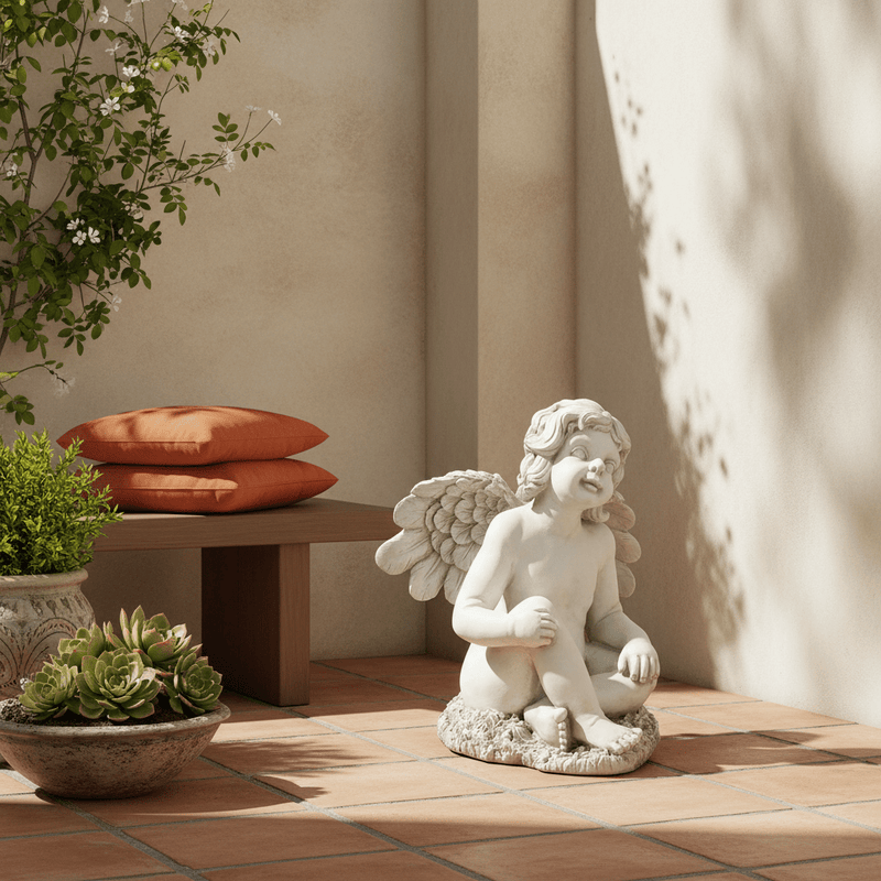 Happy Winged Cherub Outdoor Statue (20-Inch)