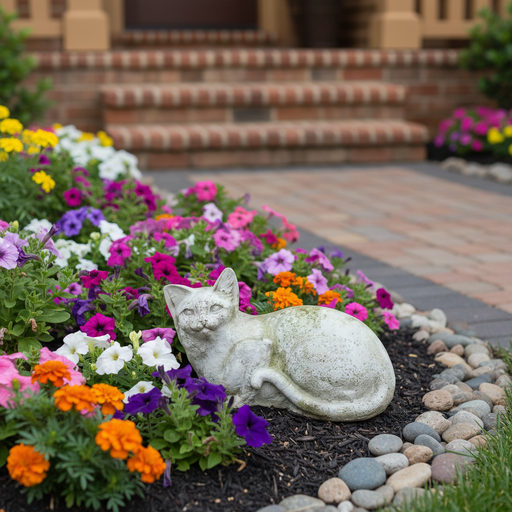 House Cat Long Down Tail Garden Statue (8 - Inch) Side Angle