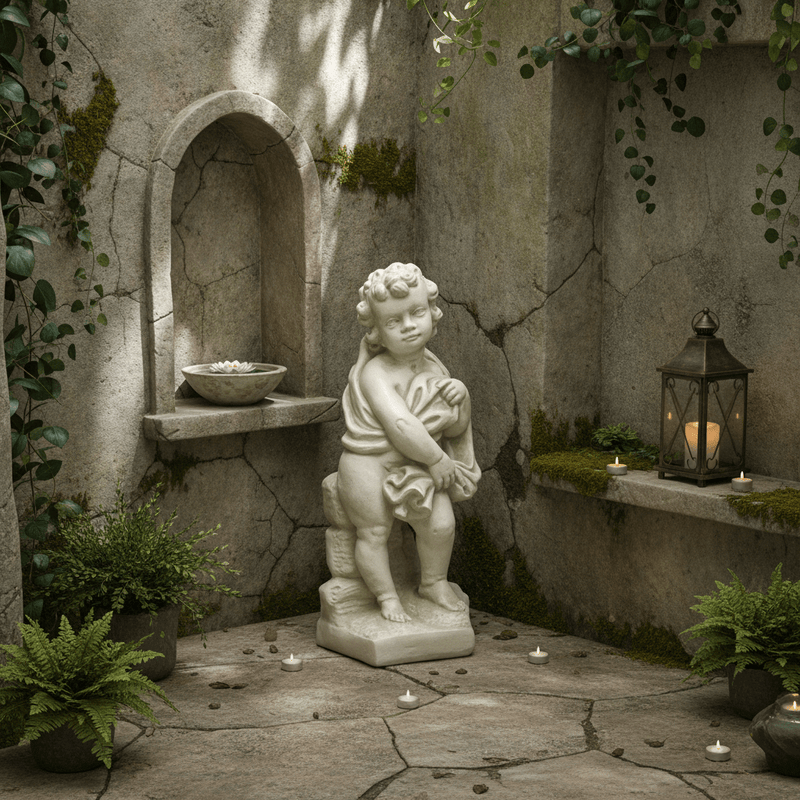 Innocent Cherub with Base Outdoor Statue (24 - Inch) Side Angle