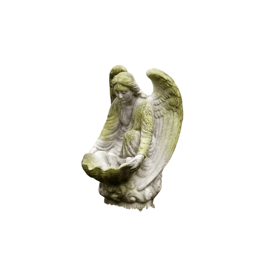Innocent Kneeling angel holding a large scalloped shell bowl. Outdoor Statue (18 - Inch)
