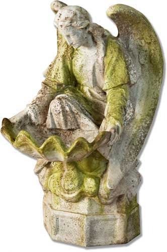 Kneeling angel holding a large scalloped shell bowl. Outdoor Statue (32 - Inch) Side View