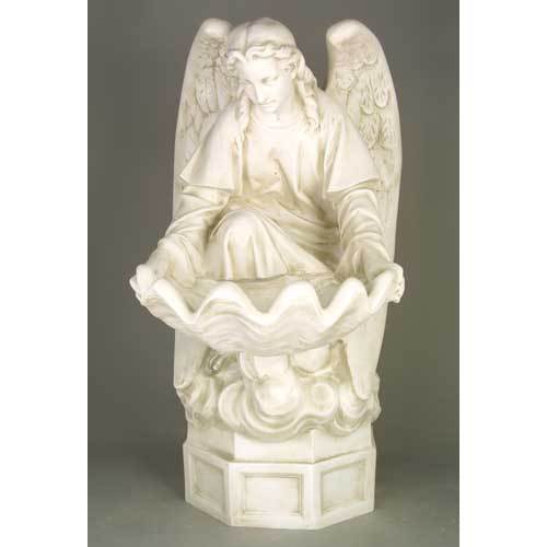 Kneeling angel holding a large scalloped shell bowl. Outdoor Statue (32-Inch)