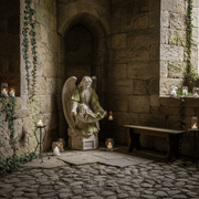 Kneeling angel holding a large scalloped shell bowl. Outdoor Statue (32 - Inch) Side Angle