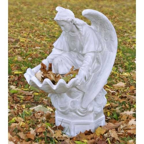 Kneeling angel holding a large scalloped shell bowl. Outdoor Statue (32 - Inch)
