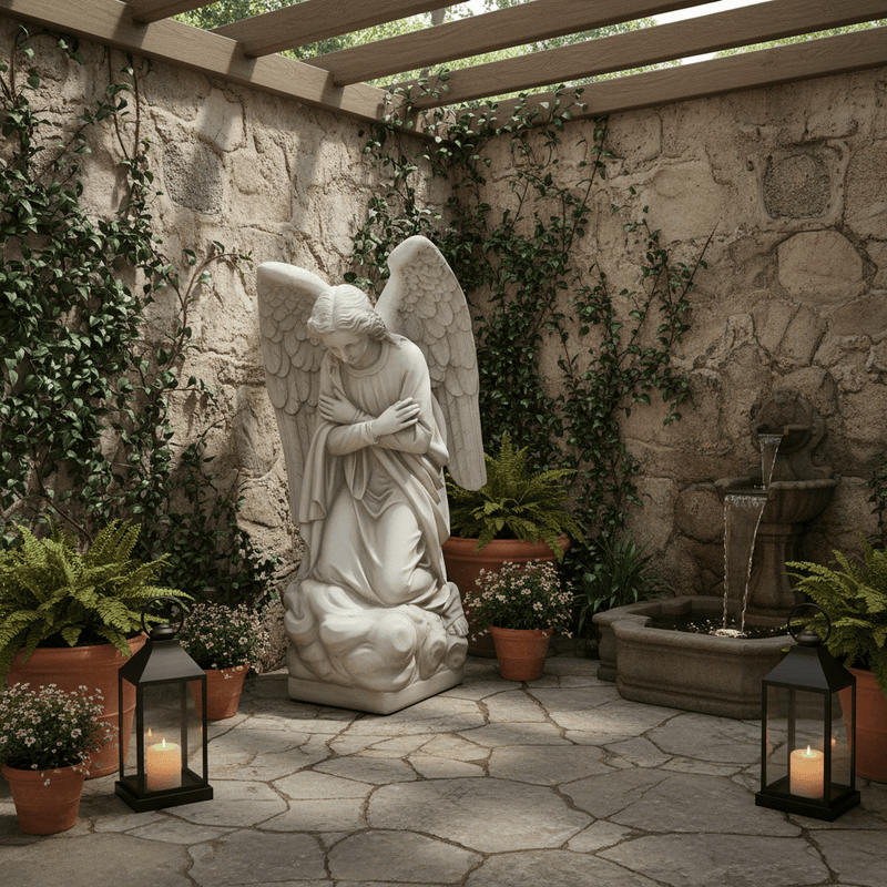 Kneeling Angel Outdoor Statue (56 - Inch) Side Angle