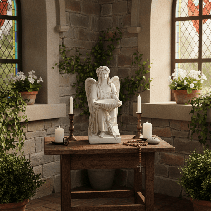 Kneeling Angel With Shell Bowl Outdoor Statue (19 - Inch) Side Angle
