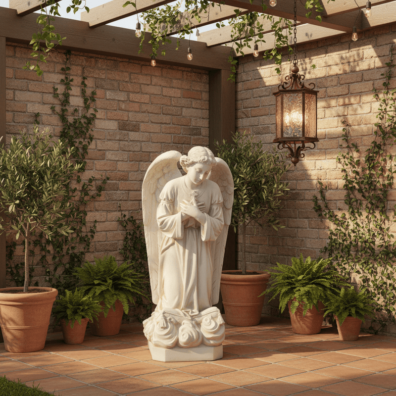 Kneeling Sorrowful Angel Outdoor Statue (27 - Inch) Side Angle