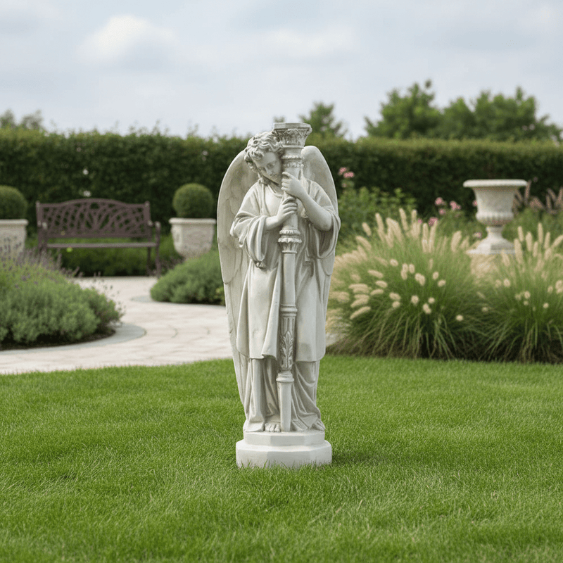 Large Winged Guardian Angels with Candleholder Outdoor Statue (27 - Inch)
