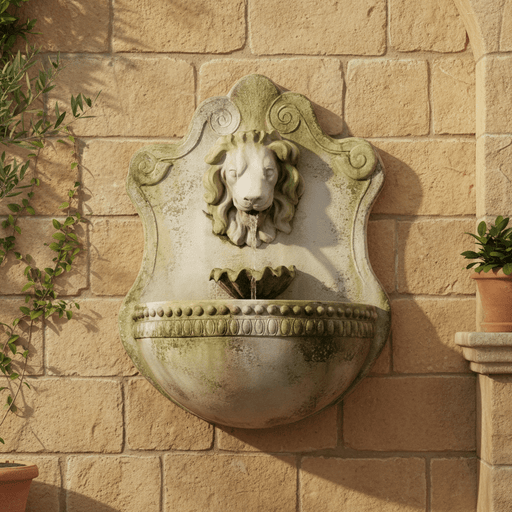 Lion and Shell Garden Wall Fountain (35 - Inch) Side Angle