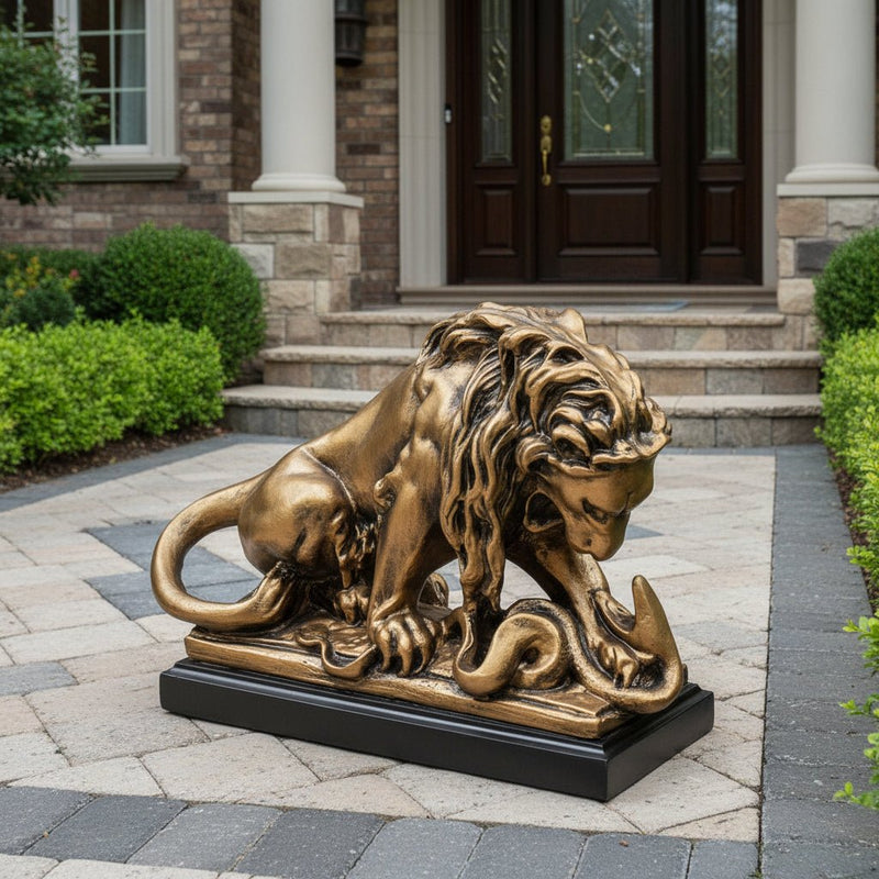 Lion Devouring Serpent Garden Statue (8 - Inch) Side Angle