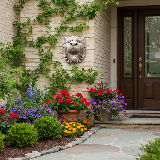 Lion Head Garden Statue (8 - Inch) Side Angle
