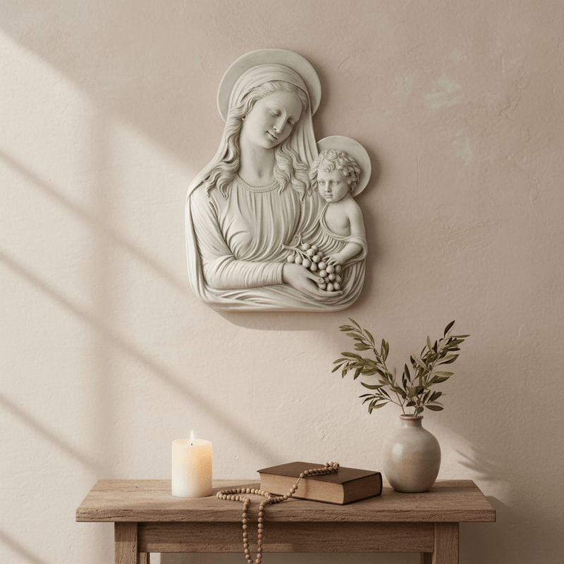 Madonna Eucharist Outdoor Catholic Plaque (13.0 - Inch) Side Angle
