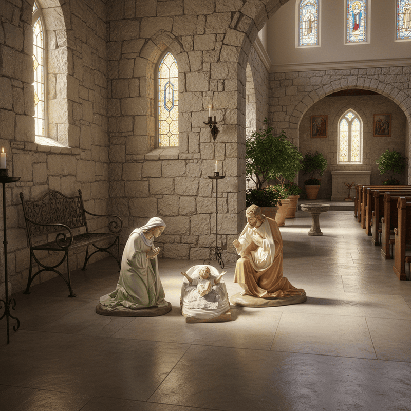 Mary, Joseph, and Baby Jesus in Manger Statue (22 - Inch) Side Angle
