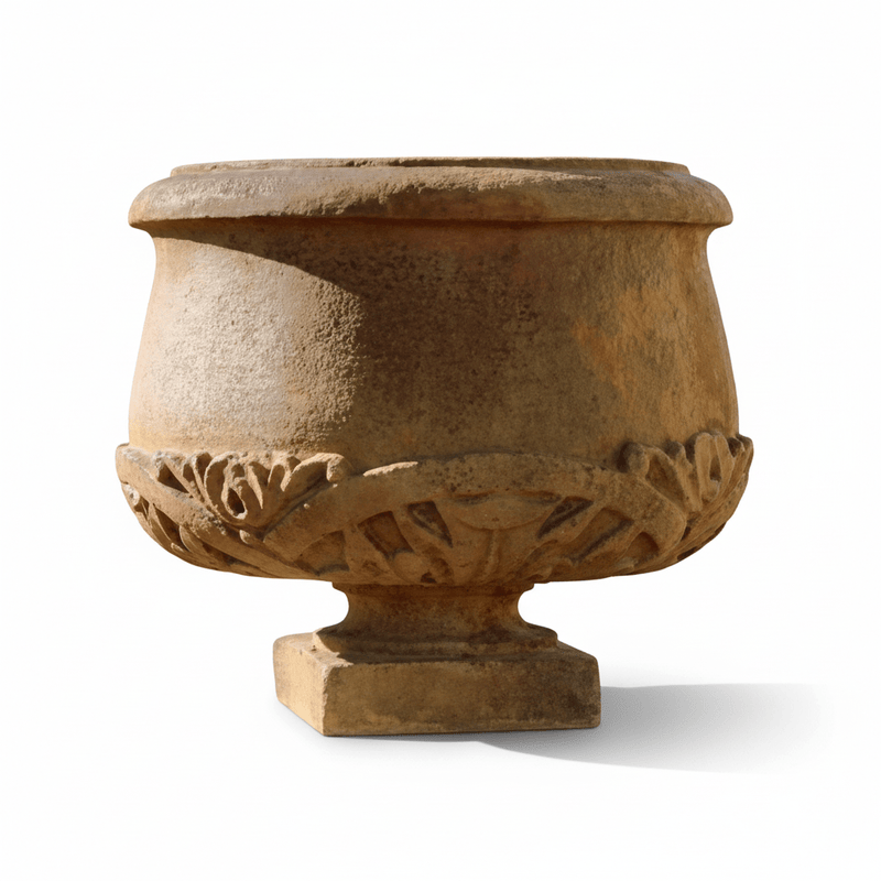 Ornate Round Pot Outdoor Statue (20 - Inch) Side View