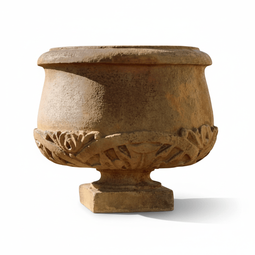Ornate Round Pot Outdoor Statue (20 - Inch) Side View