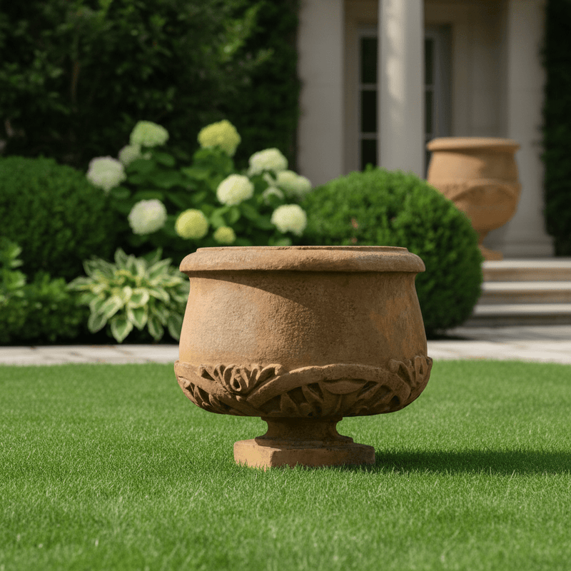 Ornate Round Pot Outdoor Statue (20 - Inch)