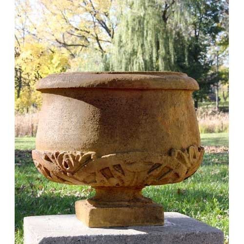 Ornate Round Pot Outdoor Statue (20 - Inch) Side Angle
