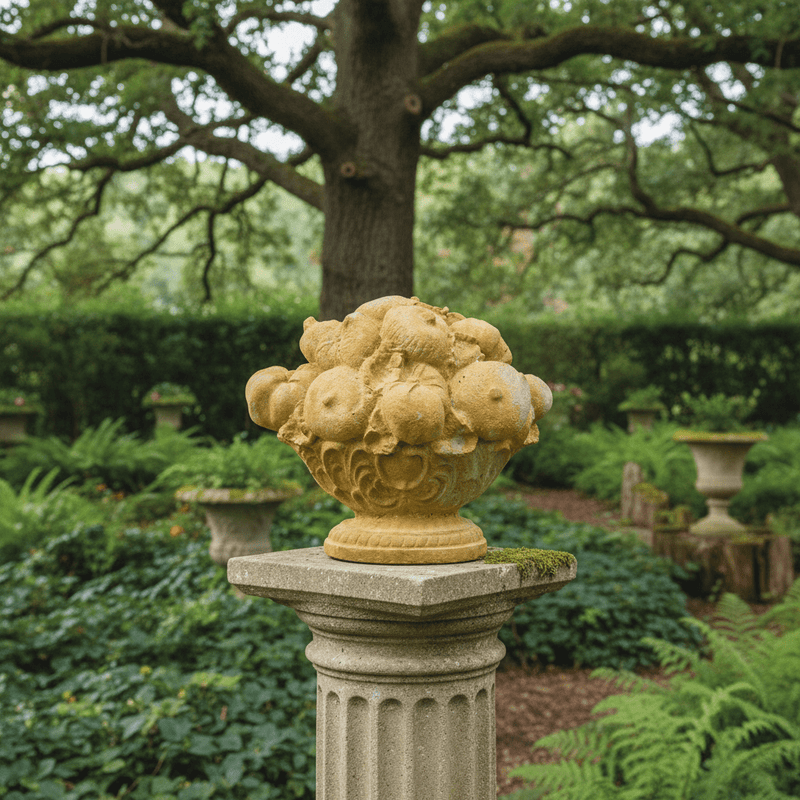 Oval Fruit Basket Outdoor Statue (9 - Inch) Side Angle