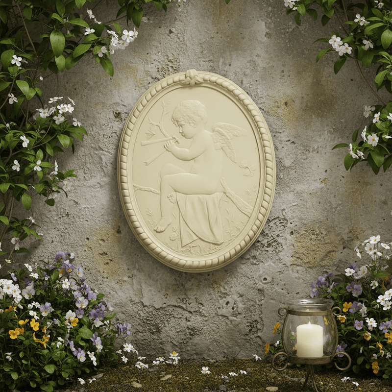 Oval Relief Plaque With Cherub And Flute (32-Inch)