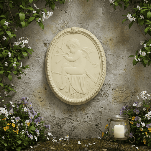 Oval Relief Plaque With Cherub And Flute (32-Inch)