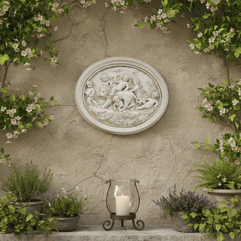 Oval Relief With Cherubs And Lion Plaque (19 - Inch) Side Angle