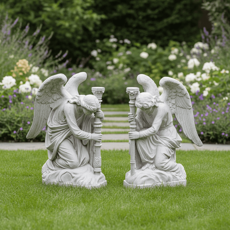 Pair Of Kneeling Angels Outdoor Statue With Candlestick (35 - Inch)