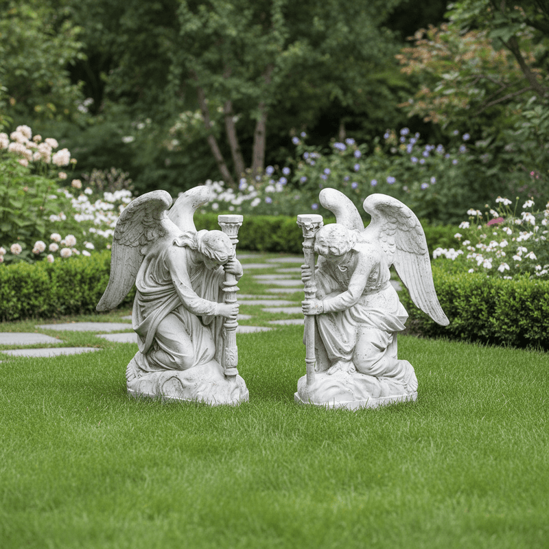 Pair Of Kneeling Angels Outdoor Statue With Candlestick (35 - Inch)