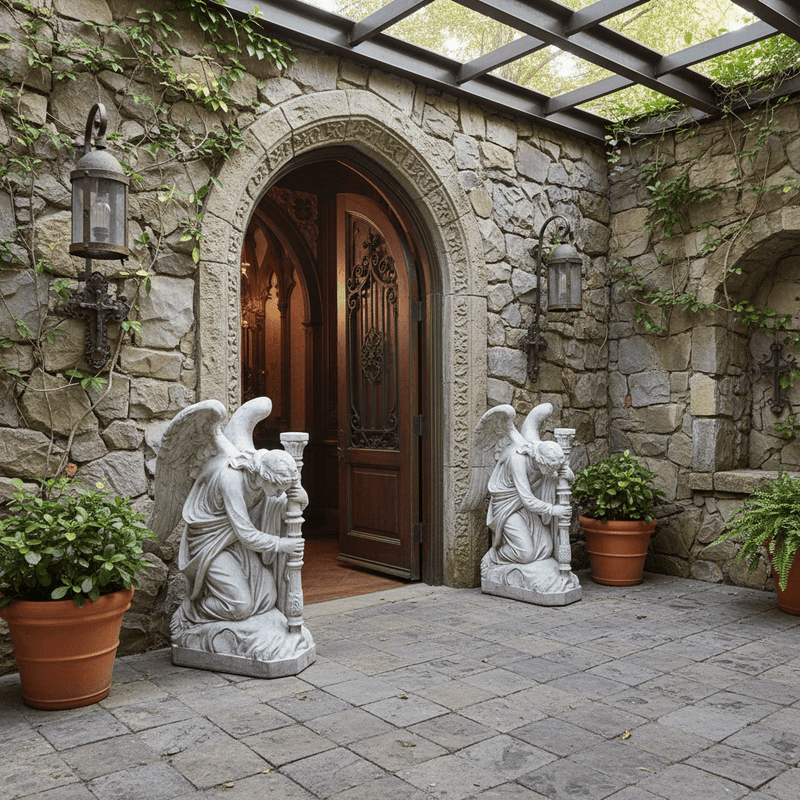 Pair Of Kneeling Angels Outdoor Statue With Candlestick (35 - Inch) Side Angle
