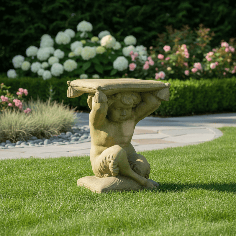 Pan Boy Holding Pillow Outdoor Statue (20 - Inch) Side Angle