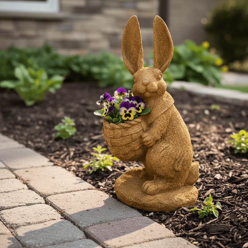 Rabbit with Basket Garden Statue (14.5 - Inch) Side Angle