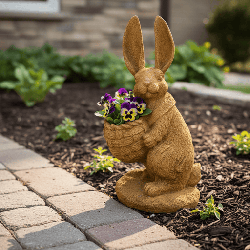 Rabbit with Basket Garden Statue (14.5 - Inch) Side Angle