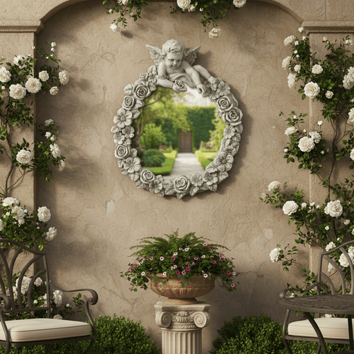Roses & Cherub Oval Mirror Frame Outdoor Statue (30-Inch)