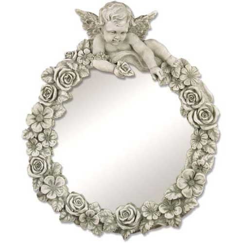 Roses & Cherub Oval Mirror Frame Outdoor Statue (30-Inch)