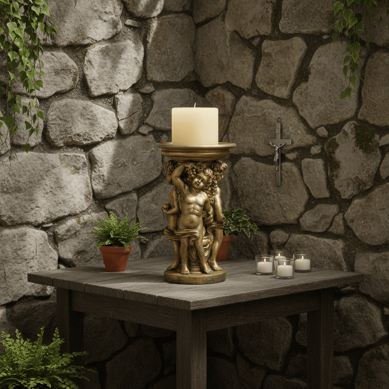 Round Cherub Candleholder Outdoor Statue (12 - Inch) Side Angle