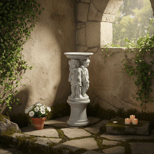 Round Cherub Candleholder Outdoor Statue (12 - Inch) Side Angle