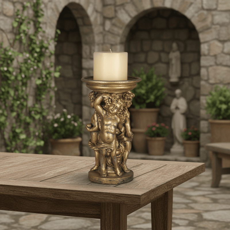 Round Cherub Candleholder Outdoor Statue (12 - Inch) Side Angle