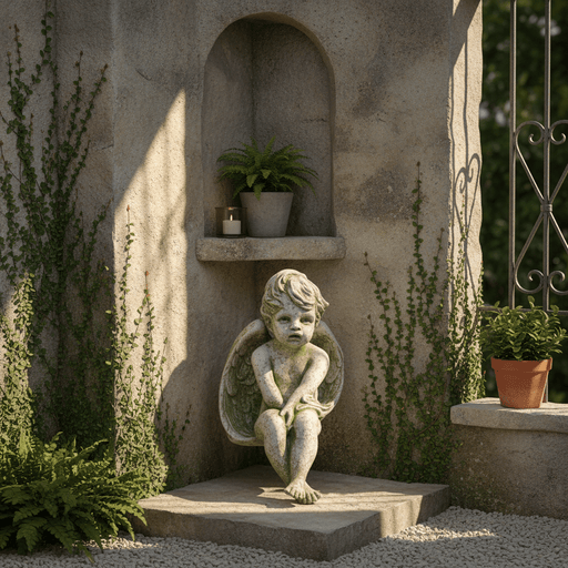Sad Winged Cherub Outdoor Statue (15 - Inch) Side Angle