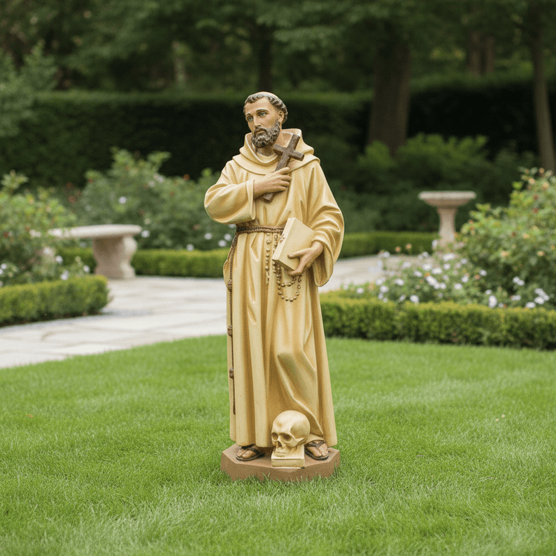 Saint Francis with Skull and Cross Statue (63 - Inch) Side Angle