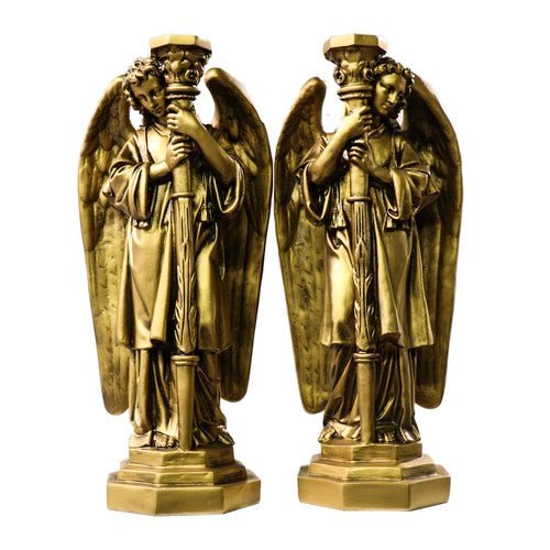 Set of Large Winged Guardian Angels with Candleholder Outdoor Statue (27 - Inch)