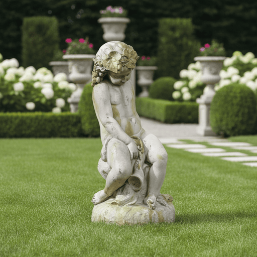 Sitting Cherub With A Horn. Outdoor Statue (34 - Inch) Side Angle