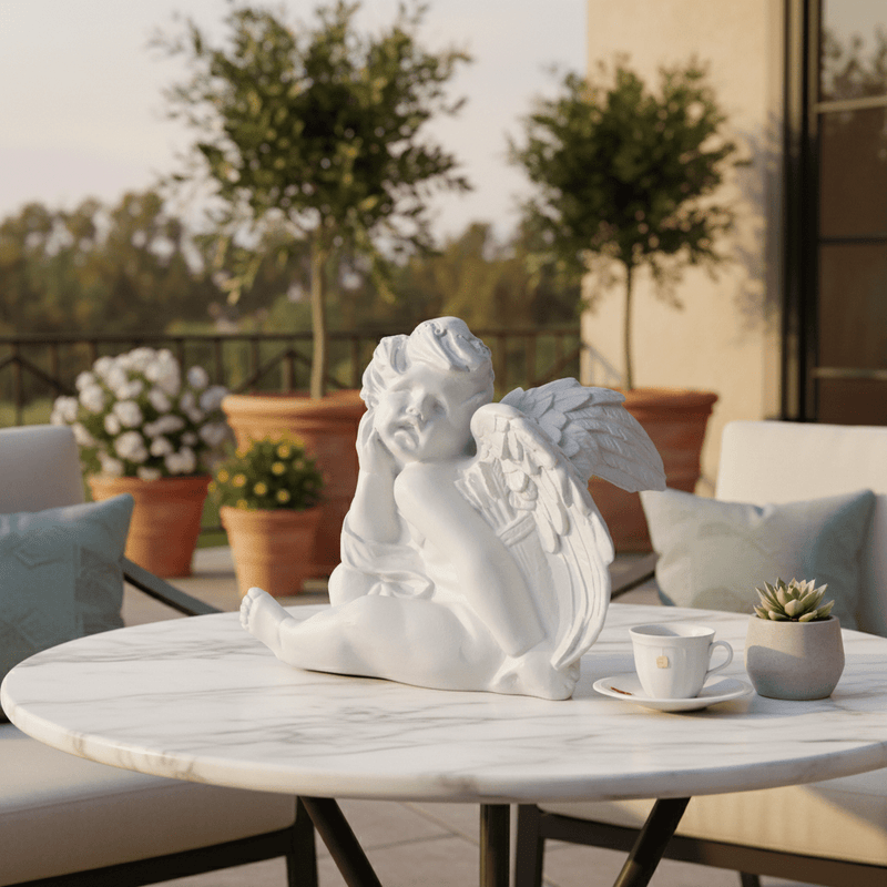 Sitting Cute Cherub With Hand On Cheek Outdoor Statue (12-Inch)