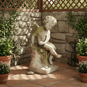 Sitting Winged Cherub on base. Outdoor Statue (21 - Inch) Side Angle