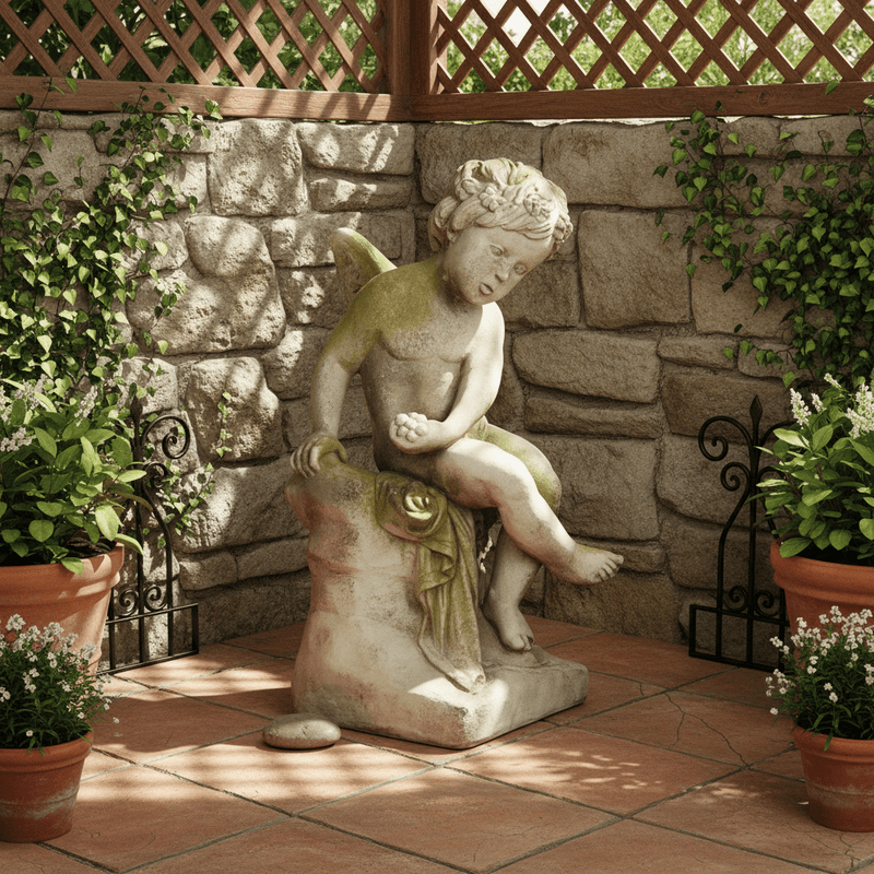 Sitting Winged Cherub on base. Outdoor Statue (21 - Inch) Side Angle