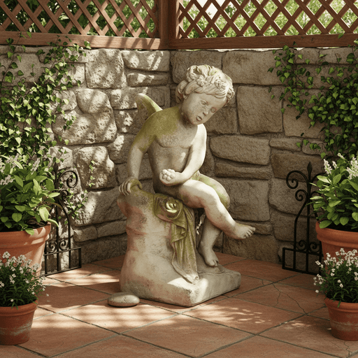 Sitting Winged Cherub on base. Outdoor Statue (21 - Inch) Side Angle