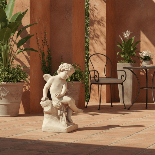 Sitting Winged Cherub on base. Outdoor Statue (21-Inch)