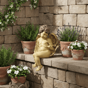 Sitting Winged Cherub Outdoor Statue (10 - Inch) Side Angle