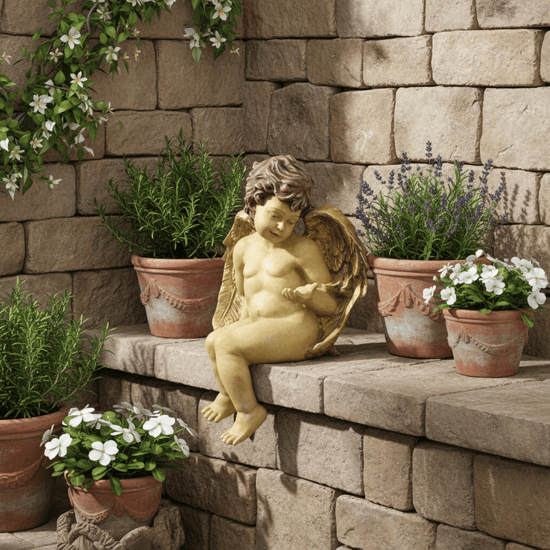 Sitting Winged Cherub Outdoor Statue (10 - Inch) Side Angle